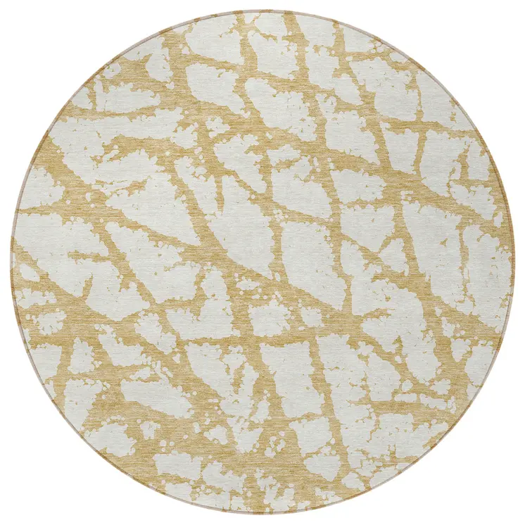 8' Gold And Ivory Round Abstract Washable Indoor Outdoor Area Rug
