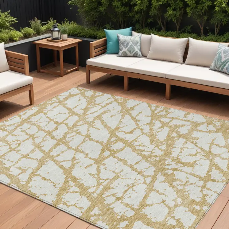 8' X 10' Gold And Ivory Abstract Washable Indoor Outdoor Area Rug