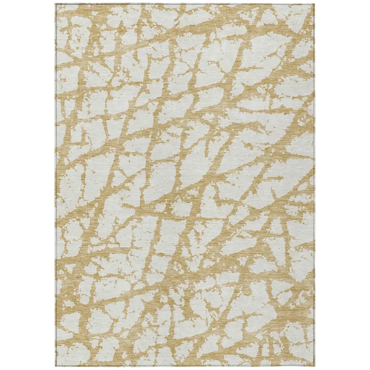 8' X 10' Gold And Ivory Abstract Washable Indoor Outdoor Area Rug