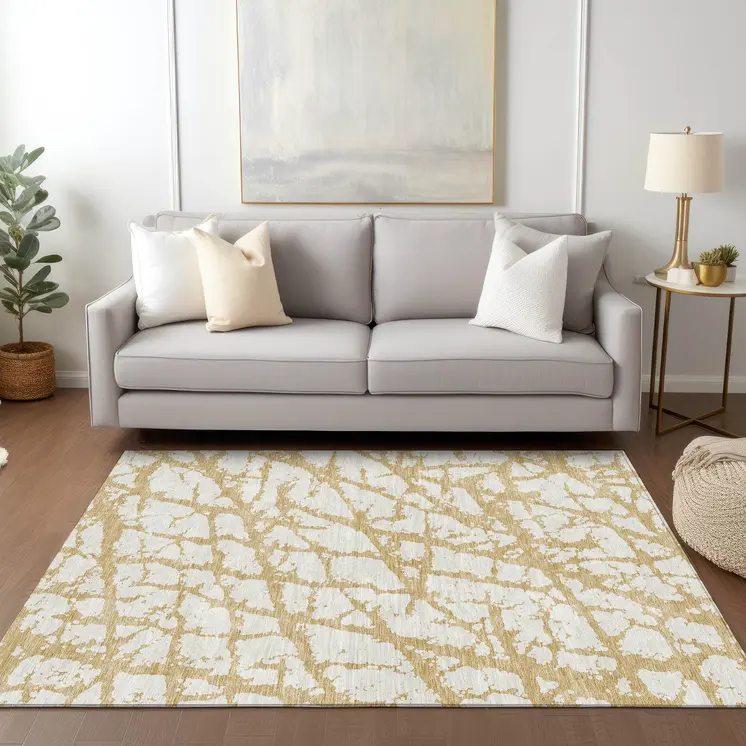 8' X 10' Gold And Ivory Abstract Washable Indoor Outdoor Area Rug