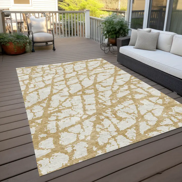 10' X 14' Gold And Ivory Abstract Washable Indoor Outdoor Area Rug