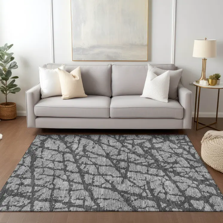 3' X 5' Gray And Charcoal Abstract Washable Indoor Outdoor Area Rug