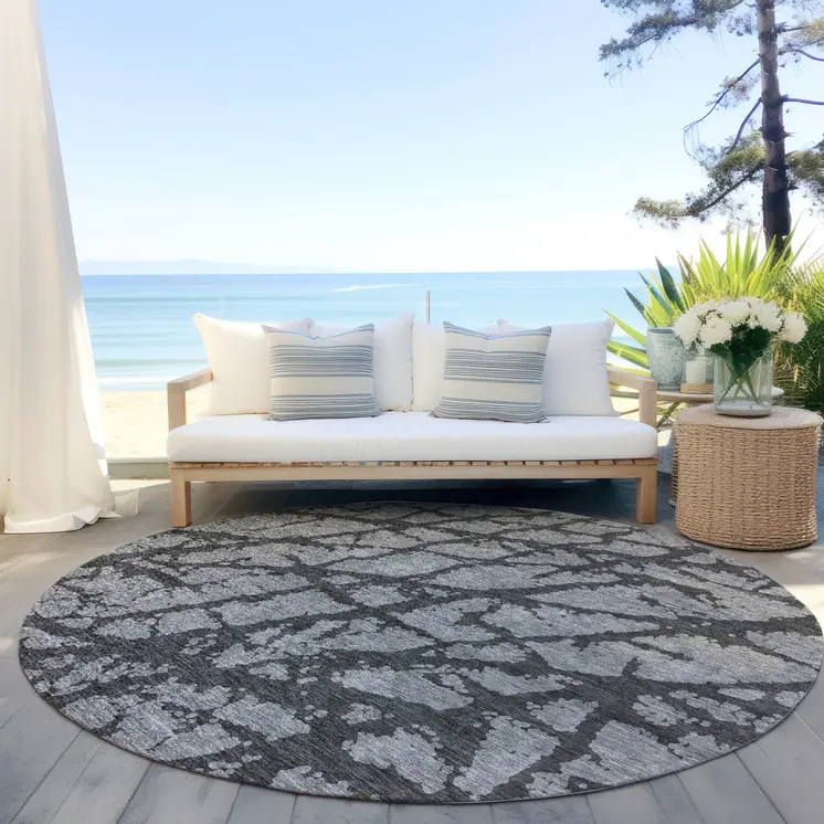 8' Gray And Charcoal Round Abstract Washable Indoor Outdoor Area Rug