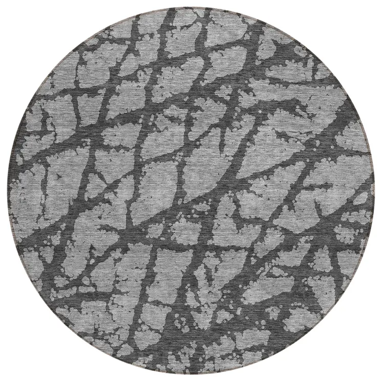 8' Gray And Charcoal Round Abstract Washable Indoor Outdoor Area Rug