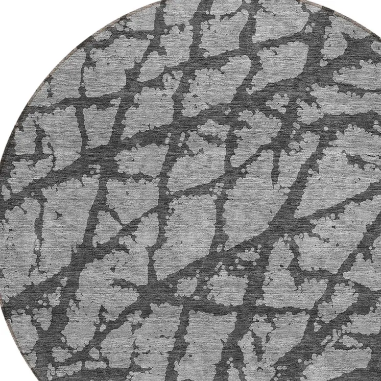 8' Gray And Charcoal Round Abstract Washable Indoor Outdoor Area Rug