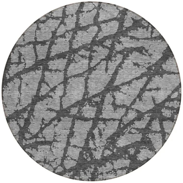 8' Gray And Charcoal Round Abstract Washable Indoor Outdoor Area Rug