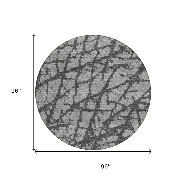 8' Gray And Charcoal Round Abstract Washable Indoor Outdoor Area Rug