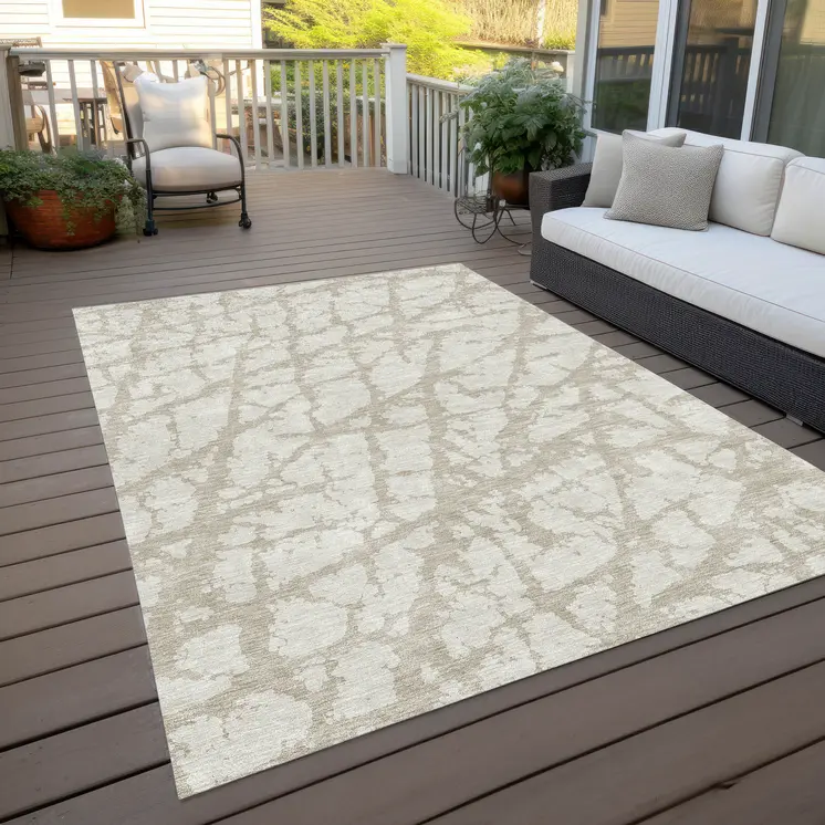 3' X 5' Ivory And Beige Abstract Washable Indoor Outdoor Area Rug