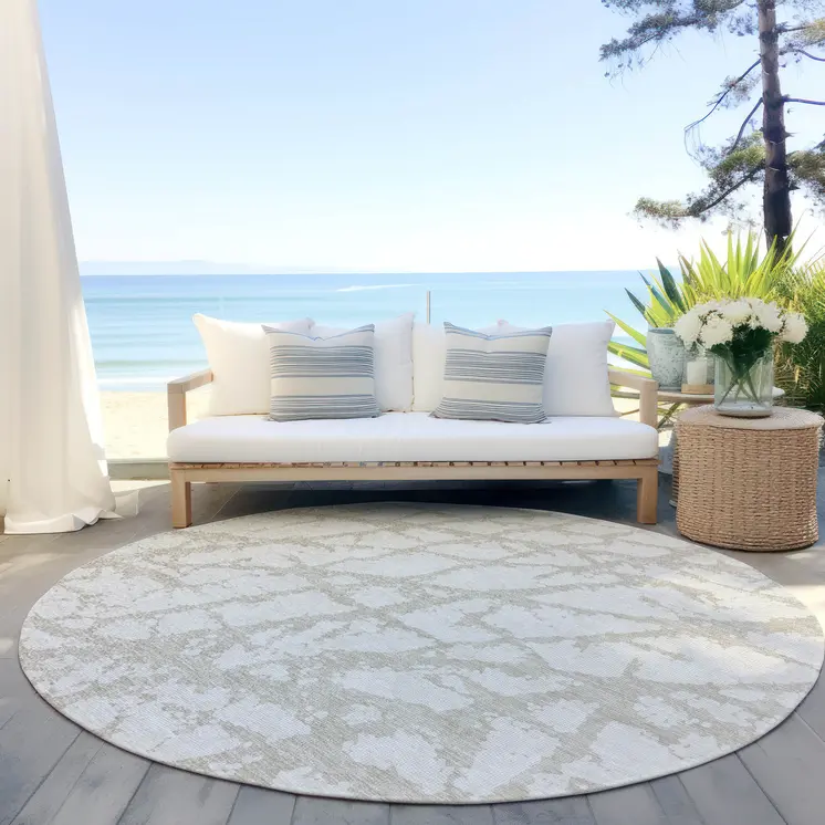 8' Ivory And Beige Round Abstract Washable Indoor Outdoor Area Rug