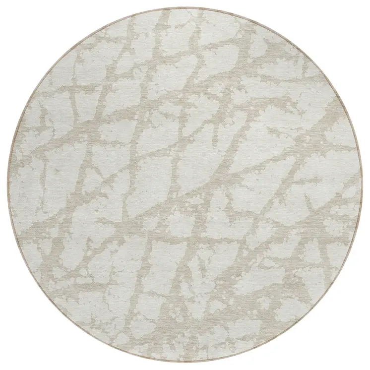 8' Ivory And Beige Round Abstract Washable Indoor Outdoor Area Rug