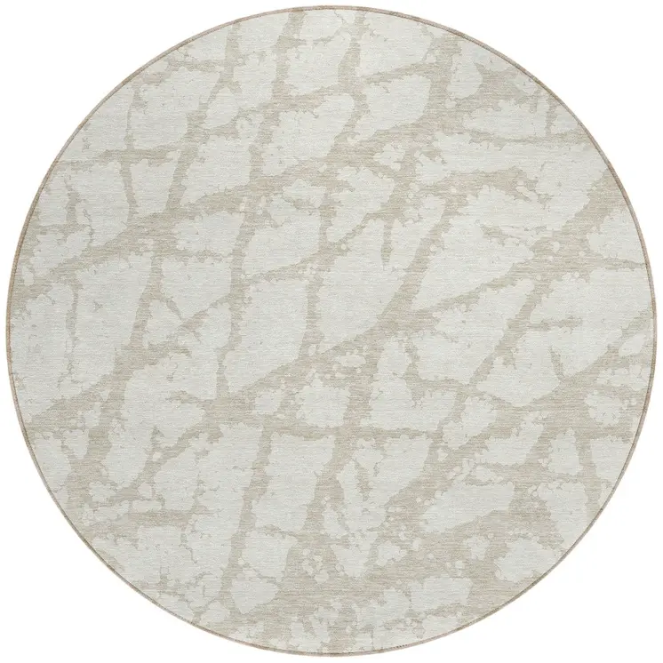 8' Ivory And Beige Round Abstract Washable Indoor Outdoor Area Rug