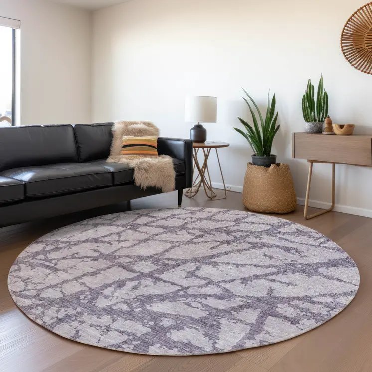 8' Lavender And Purple Round Abstract Washable Indoor Outdoor Area Rug