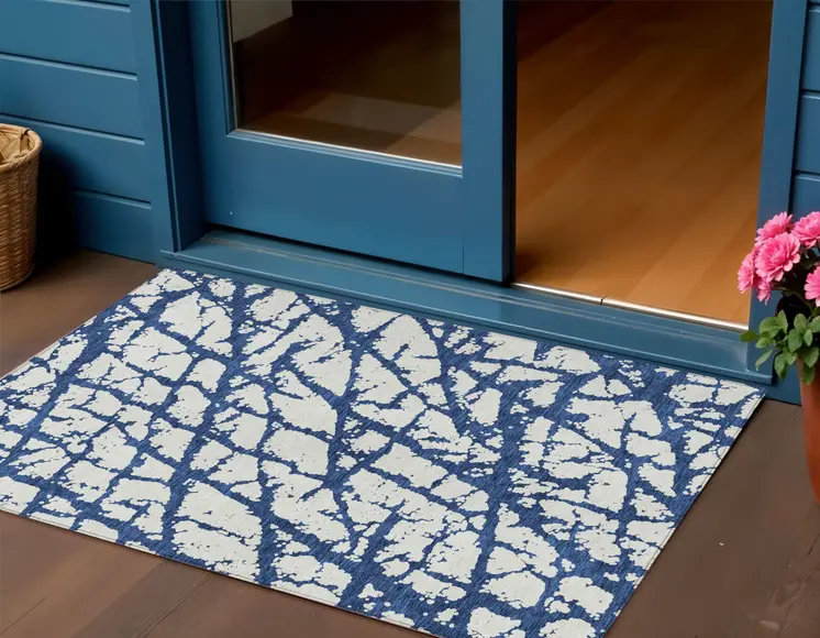 3' X 5' Navy Blue And Ivory Abstract Washable Indoor Outdoor Area Rug