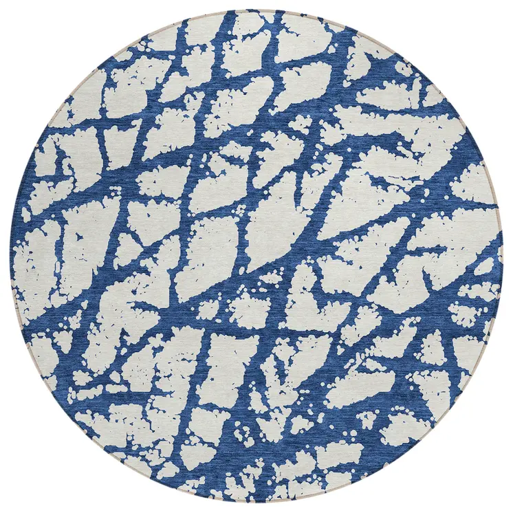 8' Navy Blue And Ivory Round Abstract Washable Indoor Outdoor Area Rug
