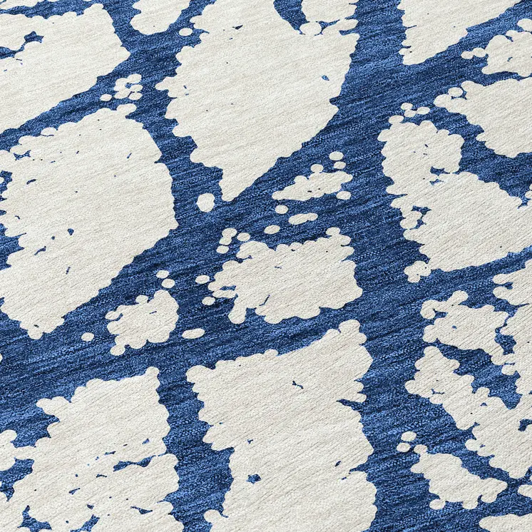 8' Navy Blue And Ivory Round Abstract Washable Indoor Outdoor Area Rug
