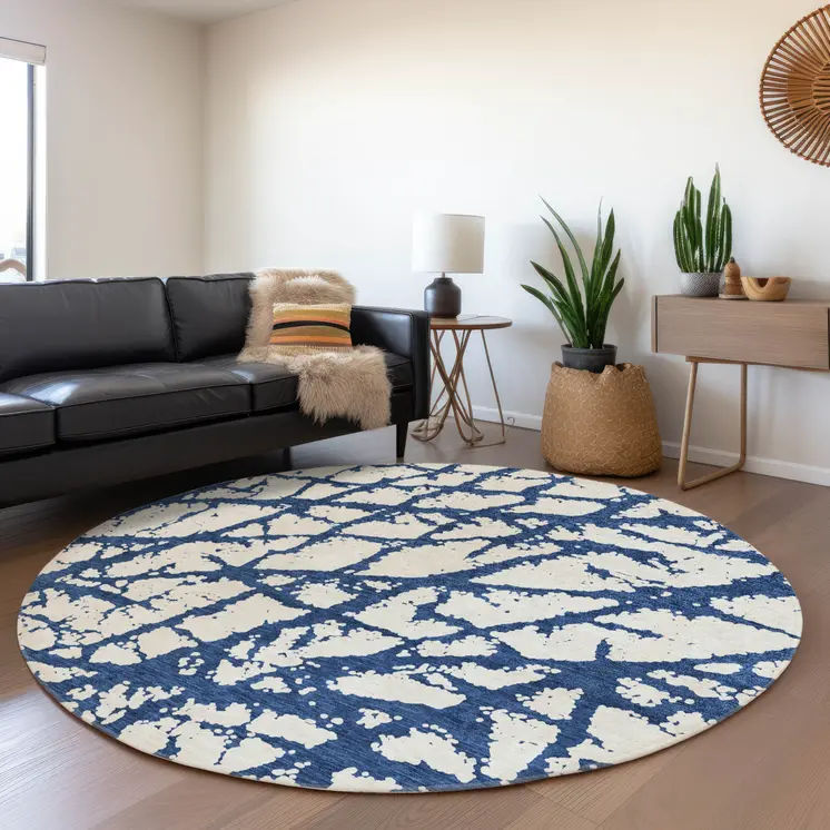 8' Navy Blue And Ivory Round Abstract Washable Indoor Outdoor Area Rug