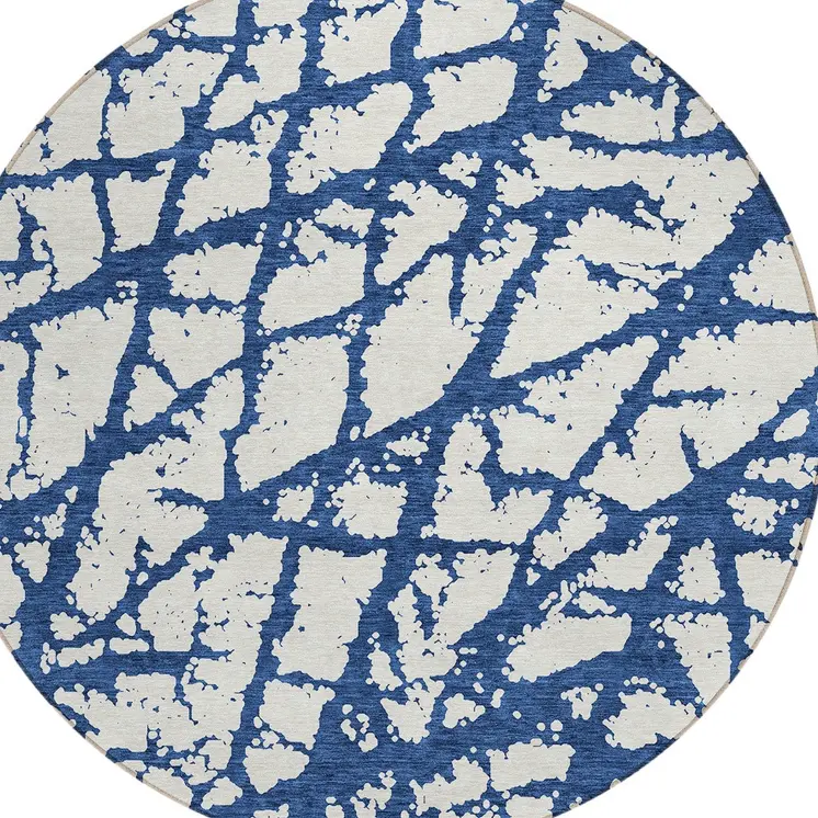 8' Navy Blue And Ivory Round Abstract Washable Indoor Outdoor Area Rug