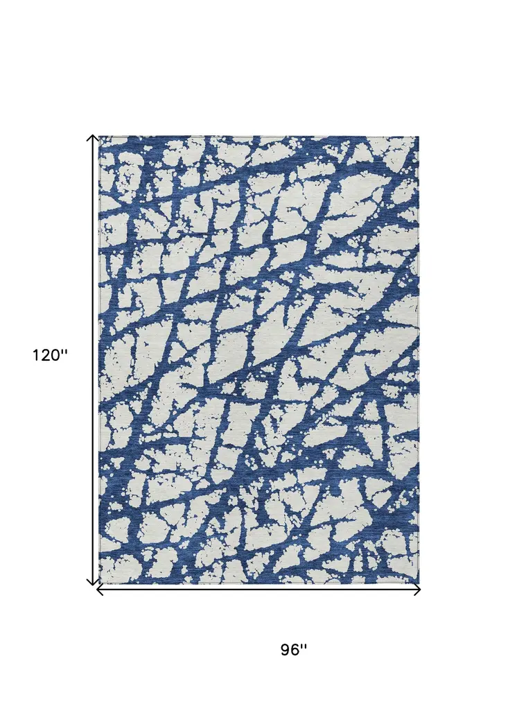 8' X 10' Navy Blue And Ivory Abstract Washable Indoor Outdoor Area Rug
