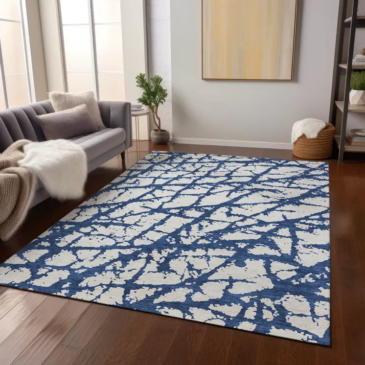 8' X 10' Navy Blue And Ivory Abstract Washable Indoor Outdoor Area Rug