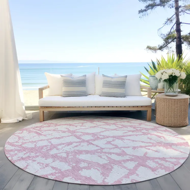 8' Pink And Ivory Round Abstract Washable Indoor Outdoor Area Rug