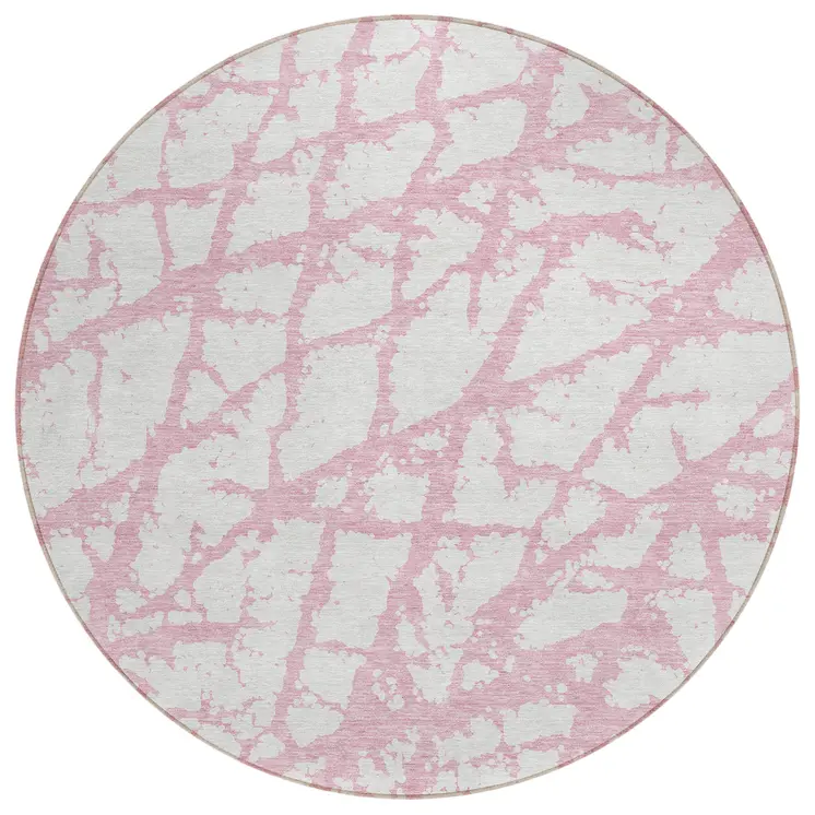 8' Pink And Ivory Round Abstract Washable Indoor Outdoor Area Rug