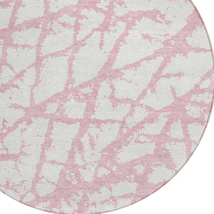 8' Pink And Ivory Round Abstract Washable Indoor Outdoor Area Rug