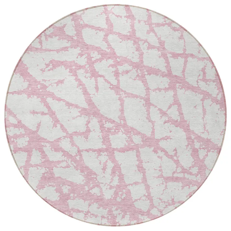 8' Pink And Ivory Round Abstract Washable Indoor Outdoor Area Rug
