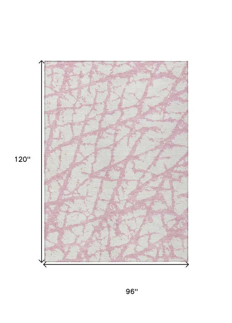 8' X 10' Pink And Ivory Abstract Washable Indoor Outdoor Area Rug