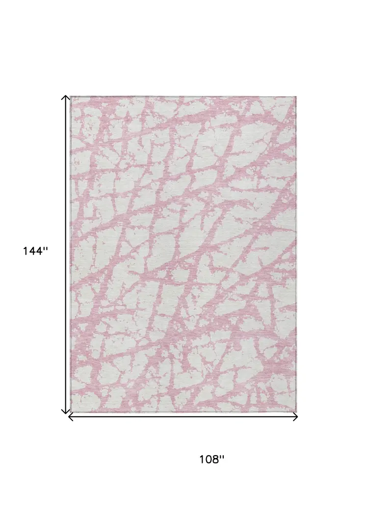 9' X 12' Pink And Ivory Abstract Washable Indoor Outdoor Area Rug