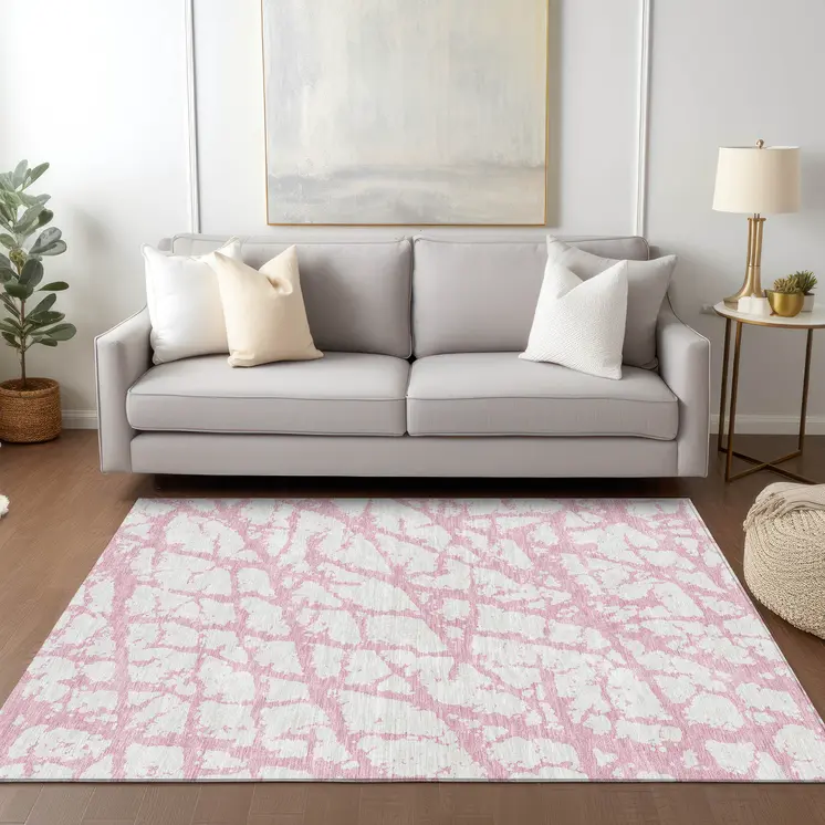 9' X 12' Pink And Ivory Abstract Washable Indoor Outdoor Area Rug