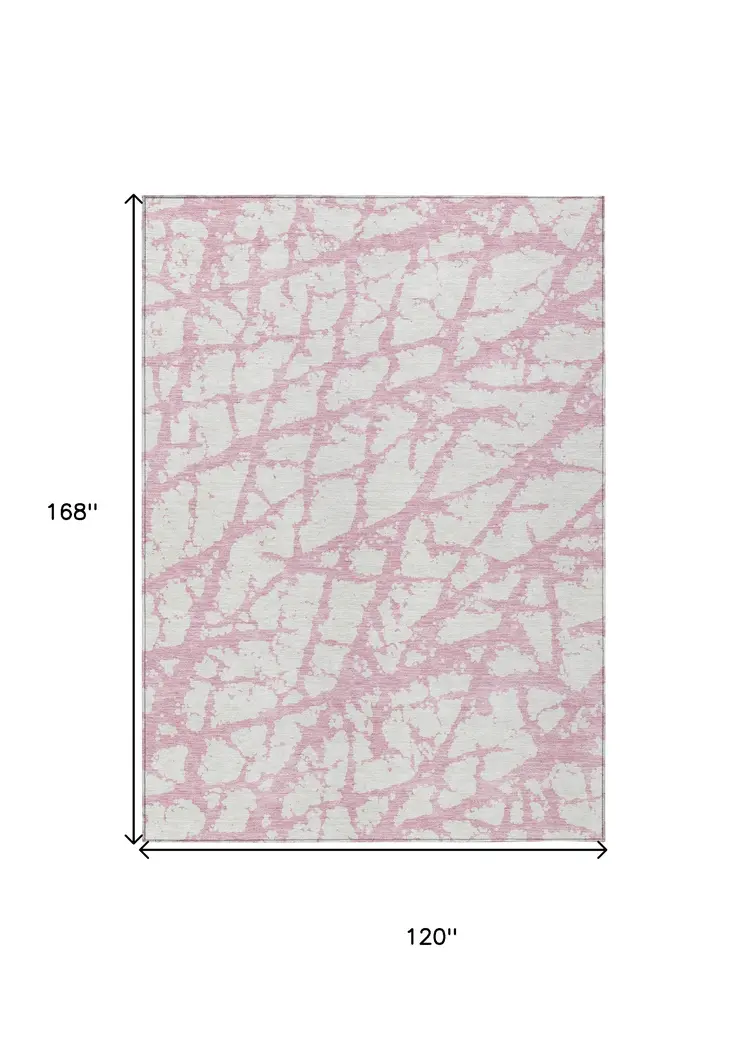 10' X 14' Pink And Ivory Abstract Washable Indoor Outdoor Area Rug