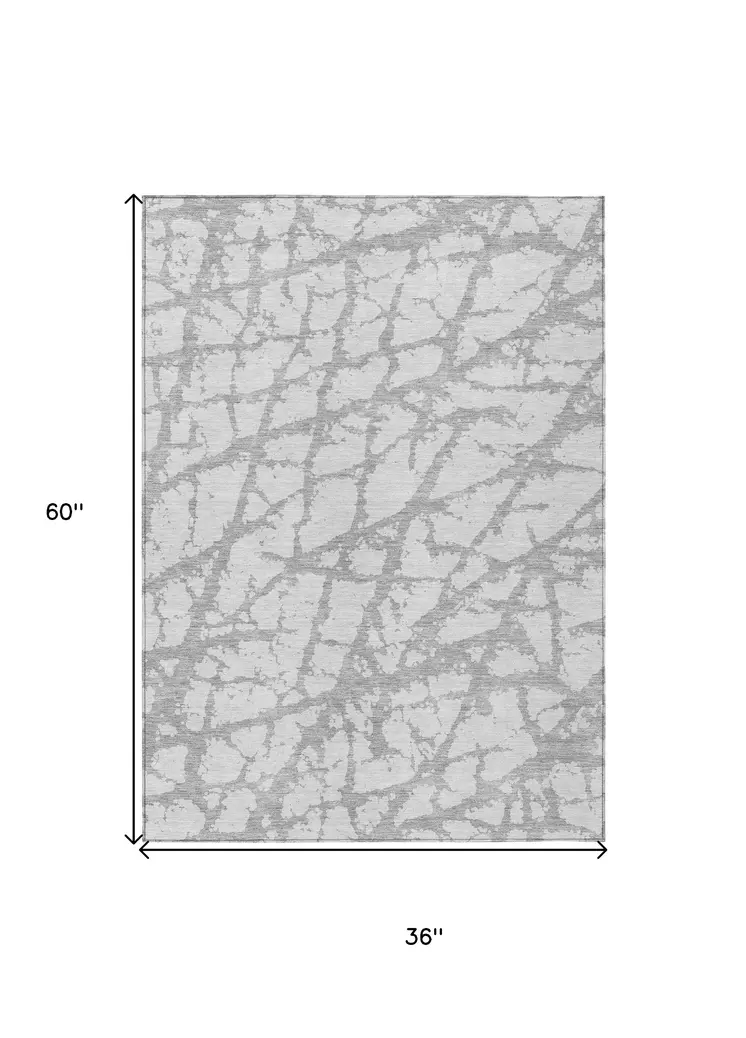 3' X 5' Silver And Gray Abstract Washable Indoor Outdoor Area Rug