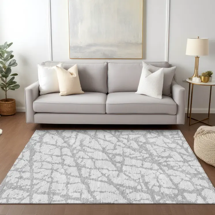 3' X 5' Silver And Gray Abstract Washable Indoor Outdoor Area Rug