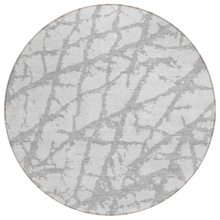 8' Silver And Gray Round Abstract Washable Indoor Outdoor Area Rug