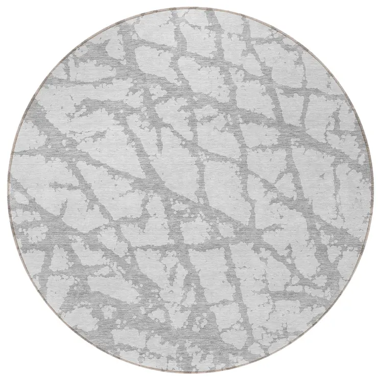 8' Silver And Gray Round Abstract Washable Indoor Outdoor Area Rug