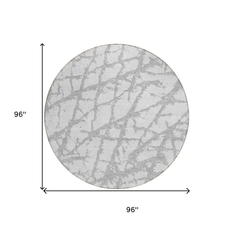 8' Silver And Gray Round Abstract Washable Indoor Outdoor Area Rug