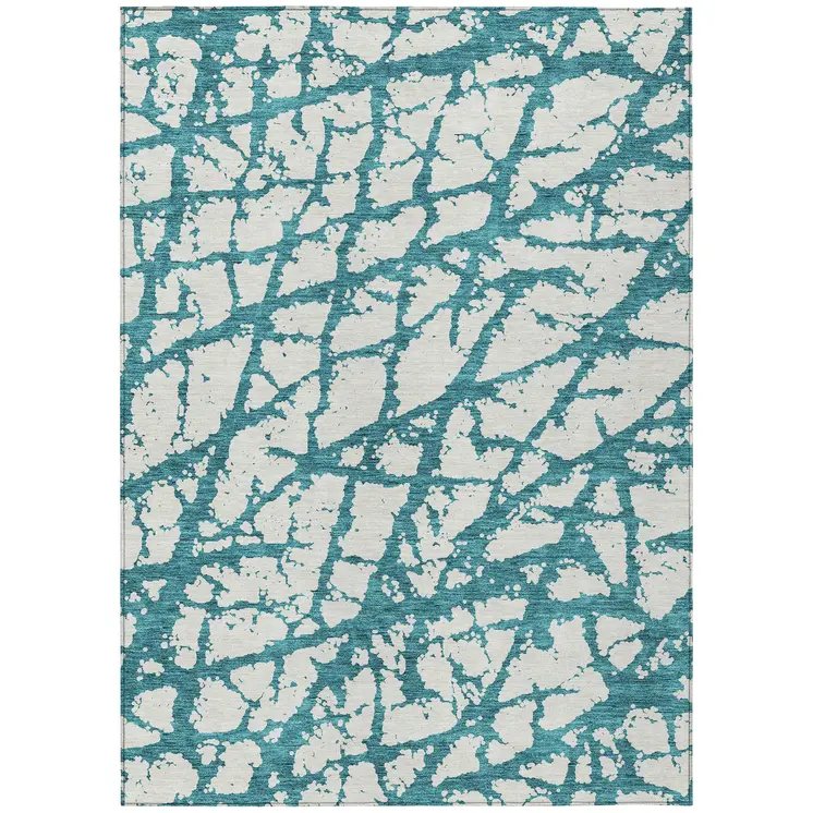 3' X 5' Teal Blue And Ivory Abstract Washable Indoor Outdoor Area Rug
