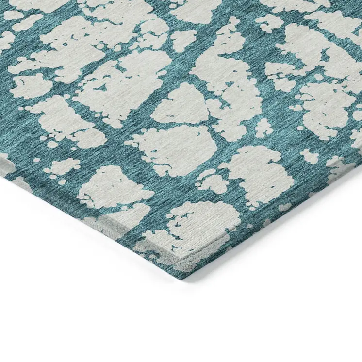 3' X 5' Teal Blue And Ivory Abstract Washable Indoor Outdoor Area Rug