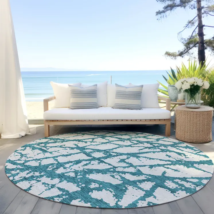 8' Teal Blue And Ivory Round Abstract Washable Indoor Outdoor Area Rug