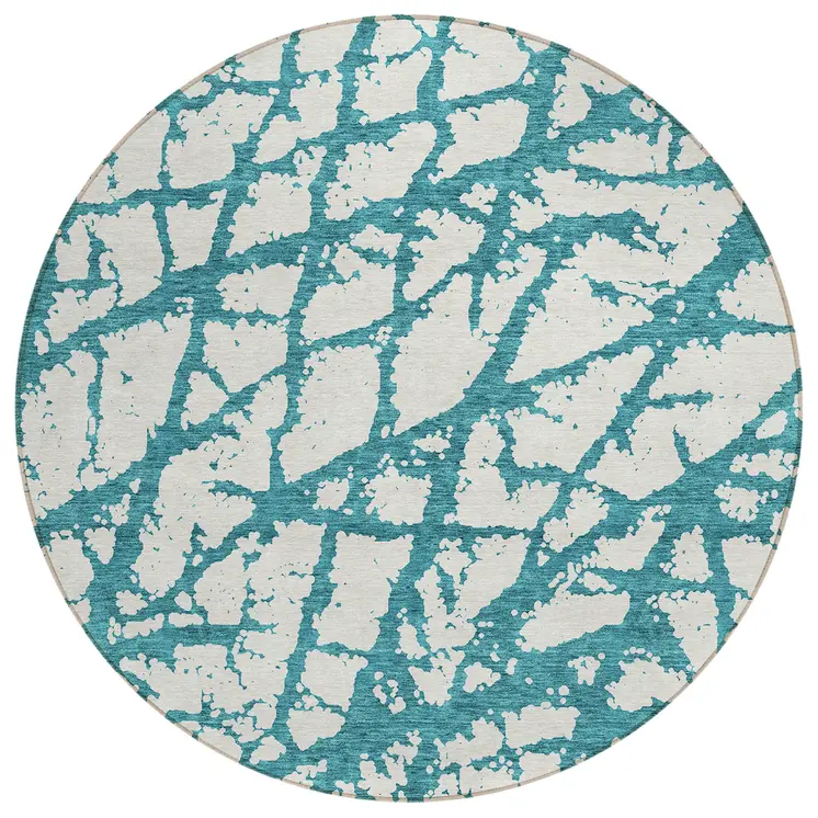 8' Teal Blue And Ivory Round Abstract Washable Indoor Outdoor Area Rug