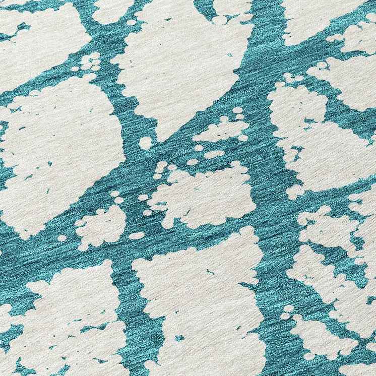 8' Teal Blue And Ivory Round Abstract Washable Indoor Outdoor Area Rug