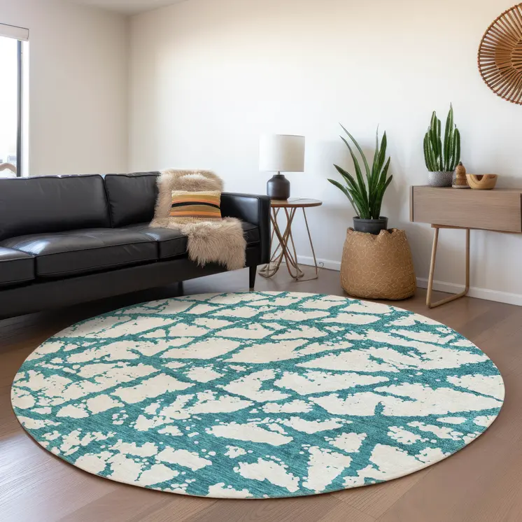 8' Teal Blue And Ivory Round Abstract Washable Indoor Outdoor Area Rug