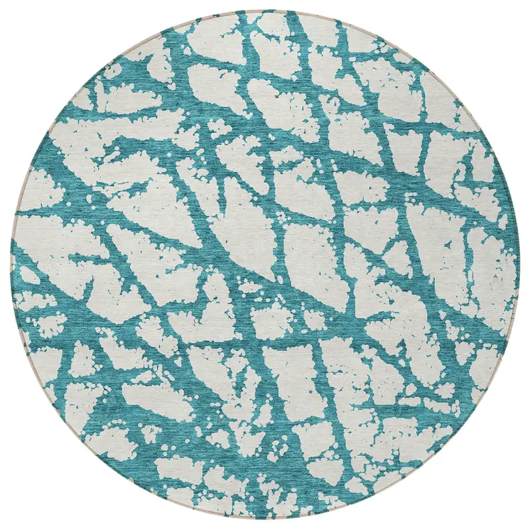 8' Teal Blue And Ivory Round Abstract Washable Indoor Outdoor Area Rug