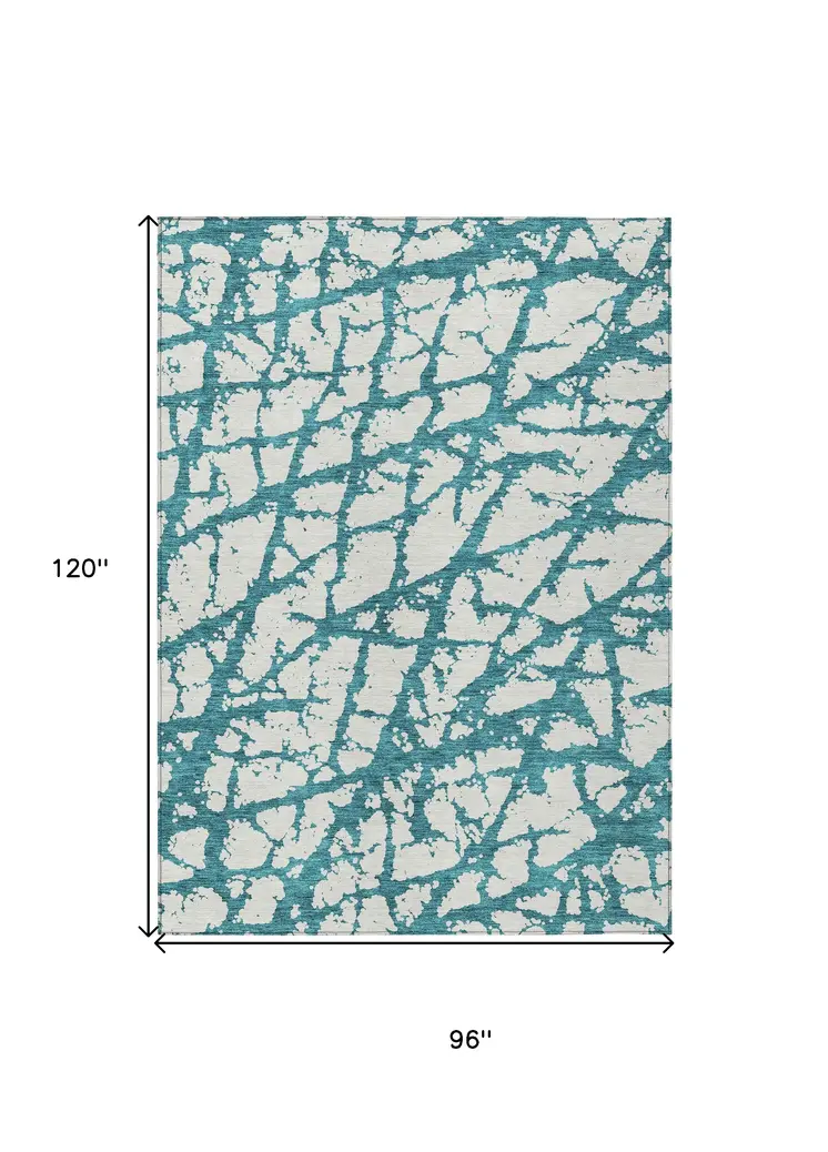8' X 10' Teal Blue And Ivory Abstract Washable Indoor Outdoor Area Rug