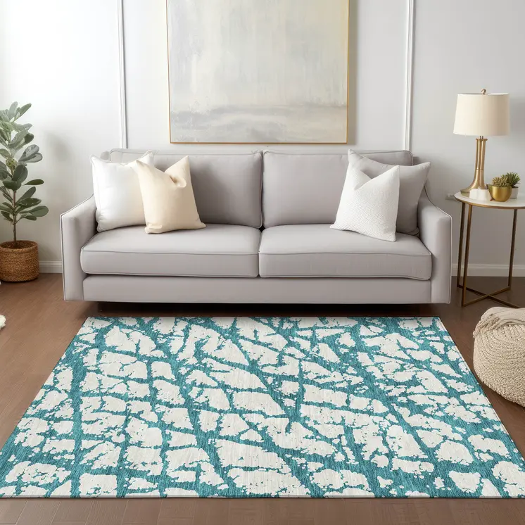 8' X 10' Teal Blue And Ivory Abstract Washable Indoor Outdoor Area Rug