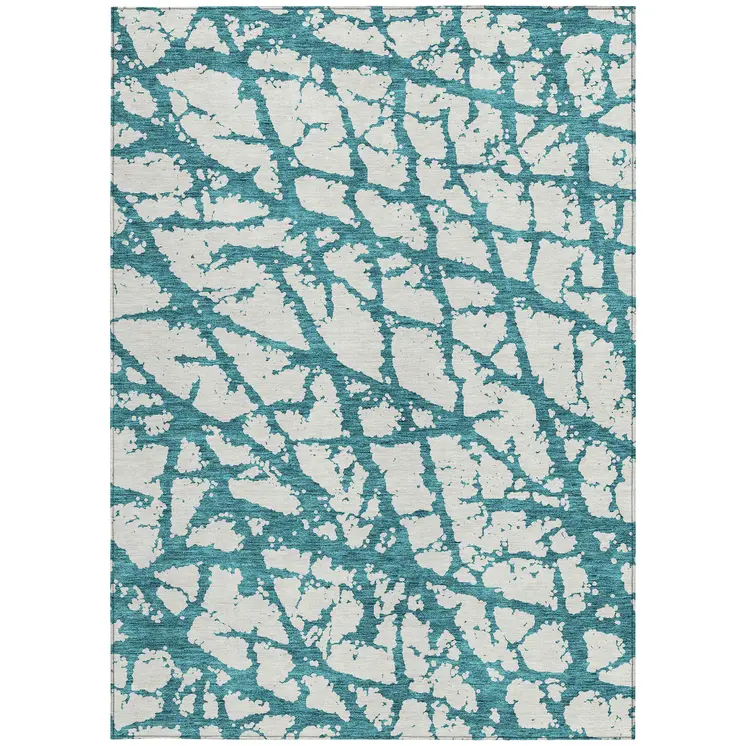 10' X 14' Teal Blue And Ivory Abstract Washable Indoor Outdoor Area Rug