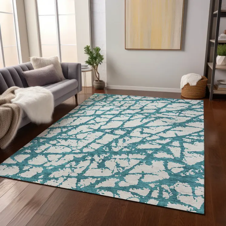10' X 14' Teal Blue And Ivory Abstract Washable Indoor Outdoor Area Rug