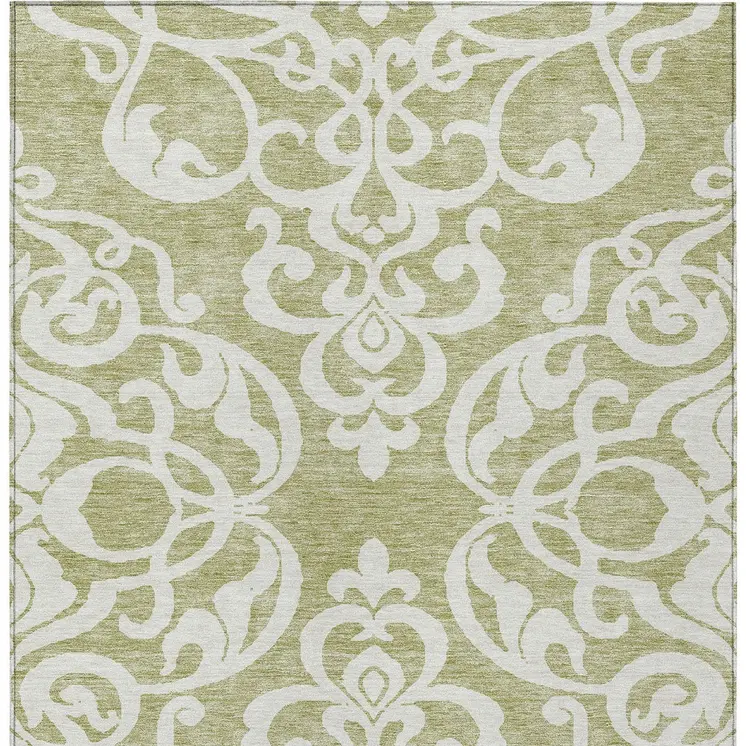3' X 5' Sage And Ivory Damask Washable Indoor Outdoor Area Rug