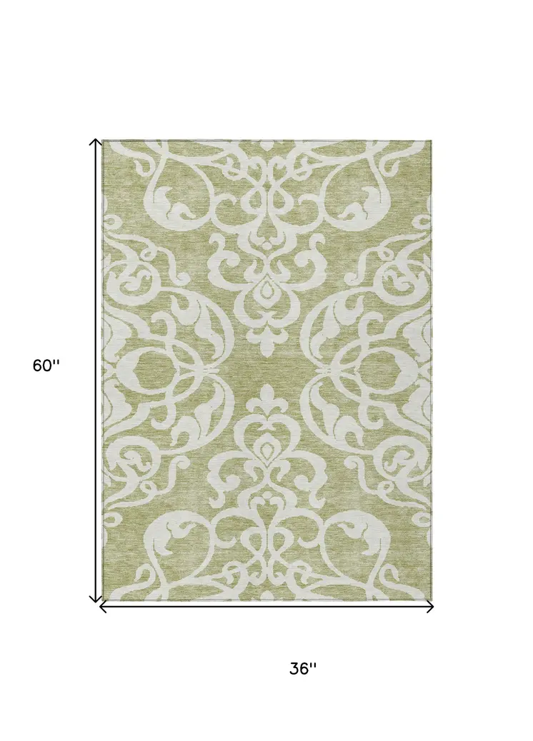 3' X 5' Sage And Ivory Damask Washable Indoor Outdoor Area Rug