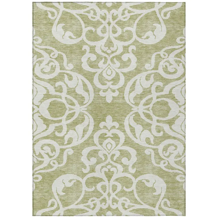 3' X 5' Sage And Ivory Damask Washable Indoor Outdoor Area Rug